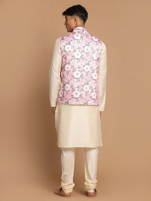 Men's Pink Digital Floral Printed Royal Angrakha Nehru Jacket With Cream Kurta Pyjama Set